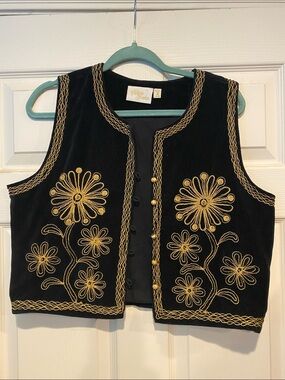 The Hippie Shake Black Velvet Embroidered Vest with Gold Floral Detailing